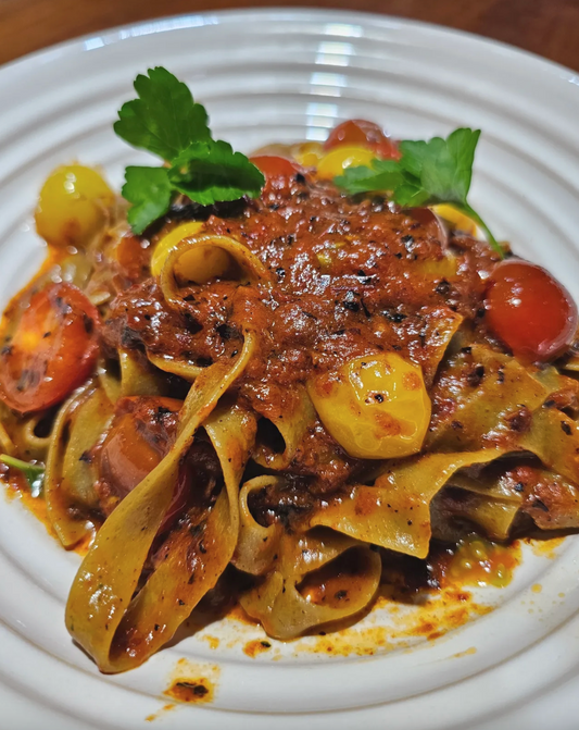 Kale Fettucine with Roasted Vegetables and Cherry Tomatoes